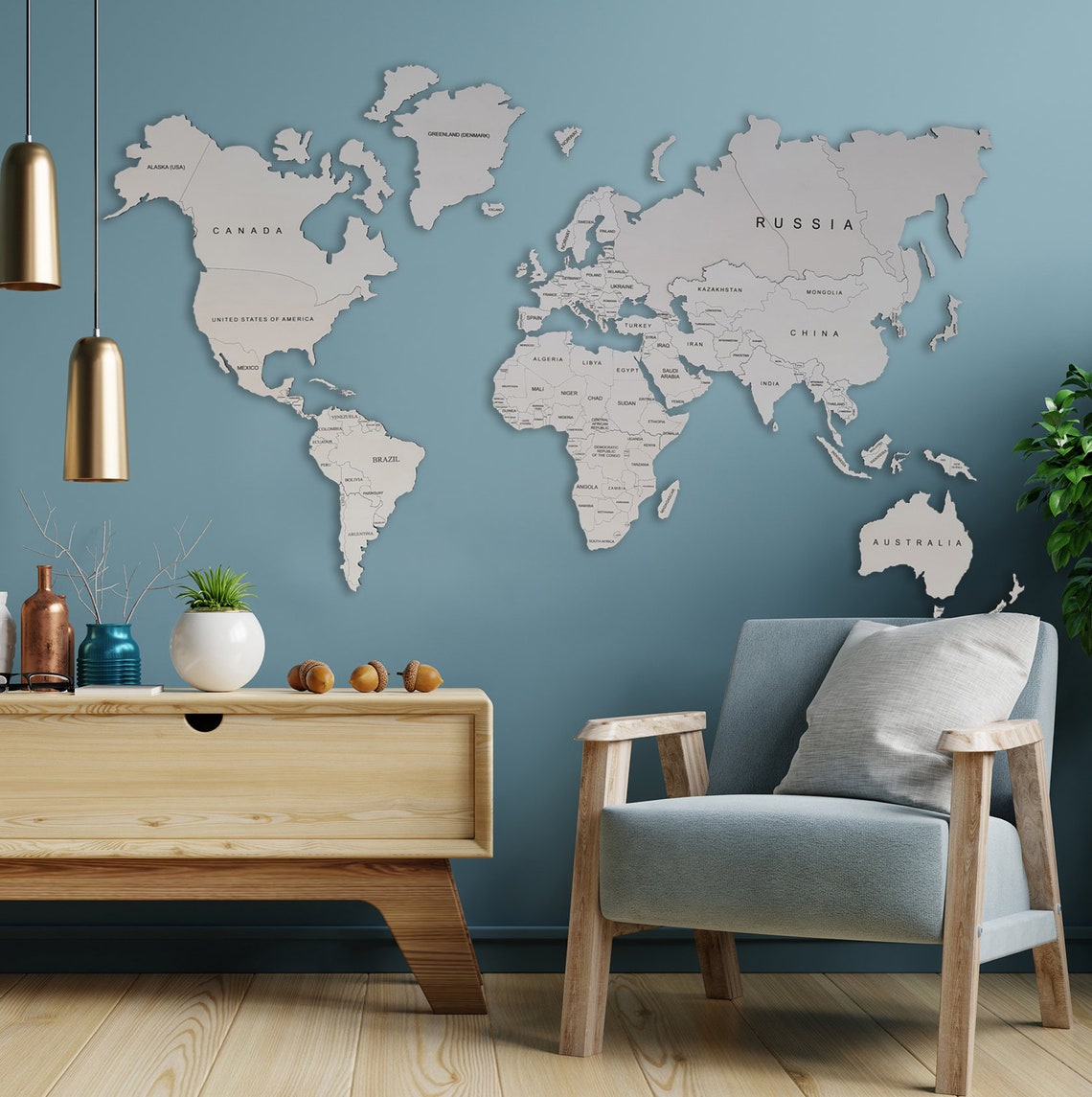 White Rustic Wooden World Map