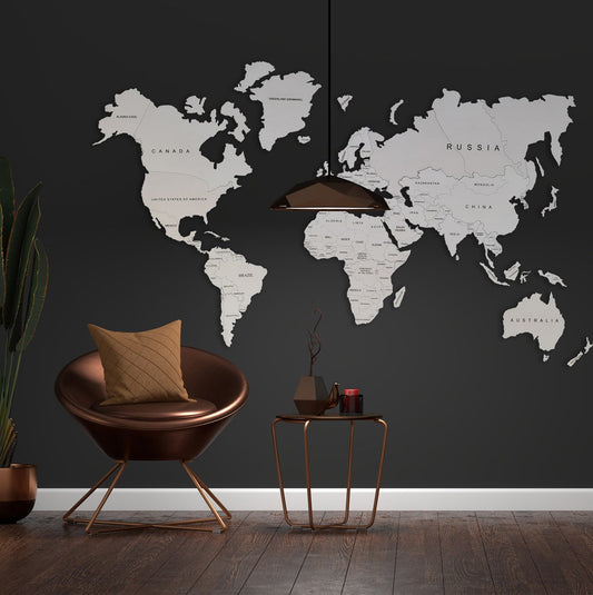 White Rustic Wooden World Map