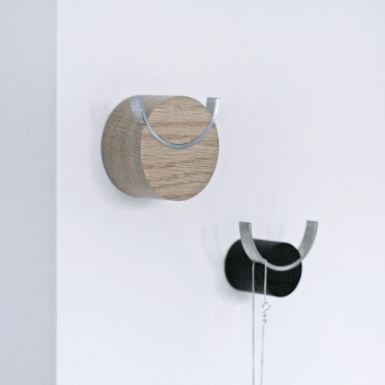 Black painted wall hook oak wood and stainless steel