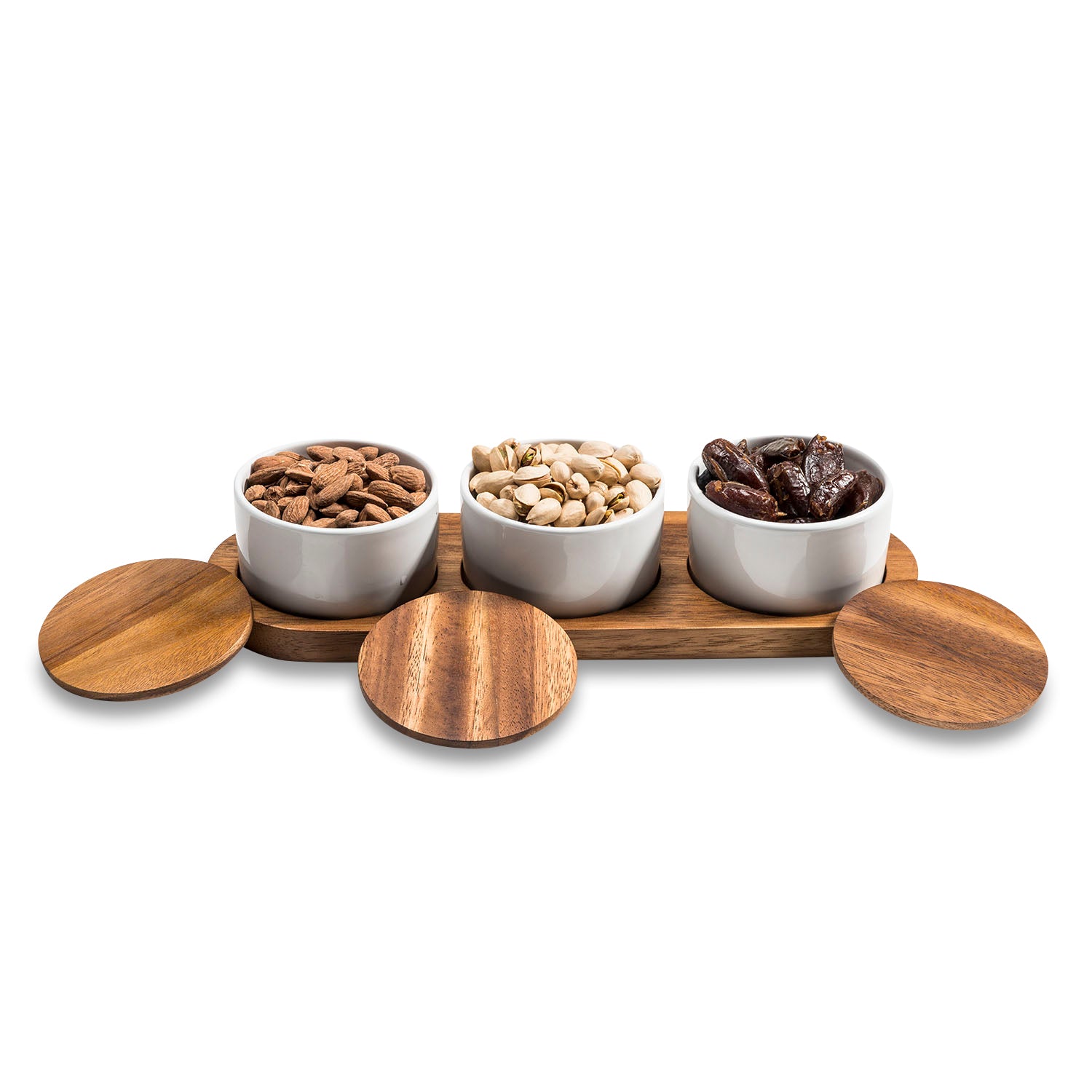 Ceramic Condiment Set on Acacia Wood Base