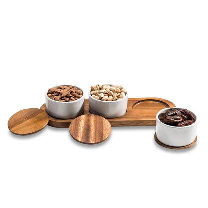 Ceramic Condiment Set on Acacia Wood Base